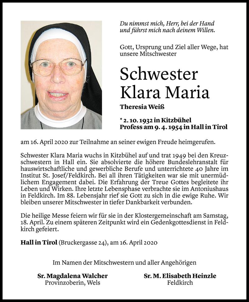  Todesanzeige für Klara Maria Theresia Weiß vom 17.04.2020 aus Vorarlberger Nachrichten