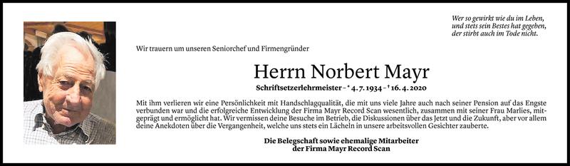  Todesanzeige für Norbert Mayr vom 17.04.2020 aus Vorarlberger Nachrichten