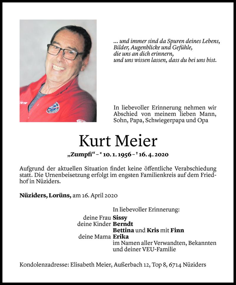  Todesanzeige für Kurt Meier vom 20.04.2020 aus Vorarlberger Nachrichten