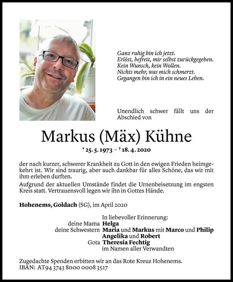  Todesanzeige für Markus Kühne vom 22.04.2020 aus Vorarlberger Nachrichten