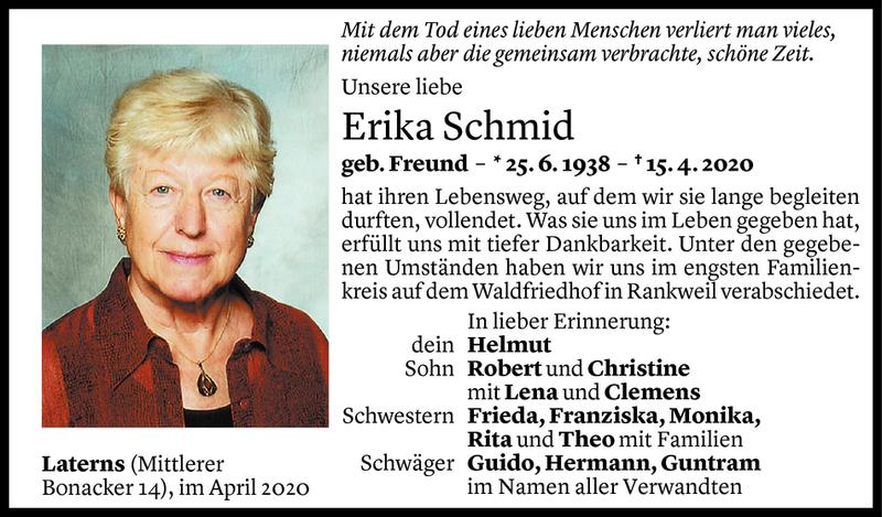  Todesanzeige für Erika Schmid vom 22.04.2020 aus Vorarlberger Nachrichten