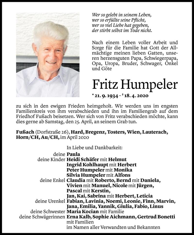 Todesanzeige für Fritz Humpeler vom 21.04.2020 aus Vorarlberger Nachrichten