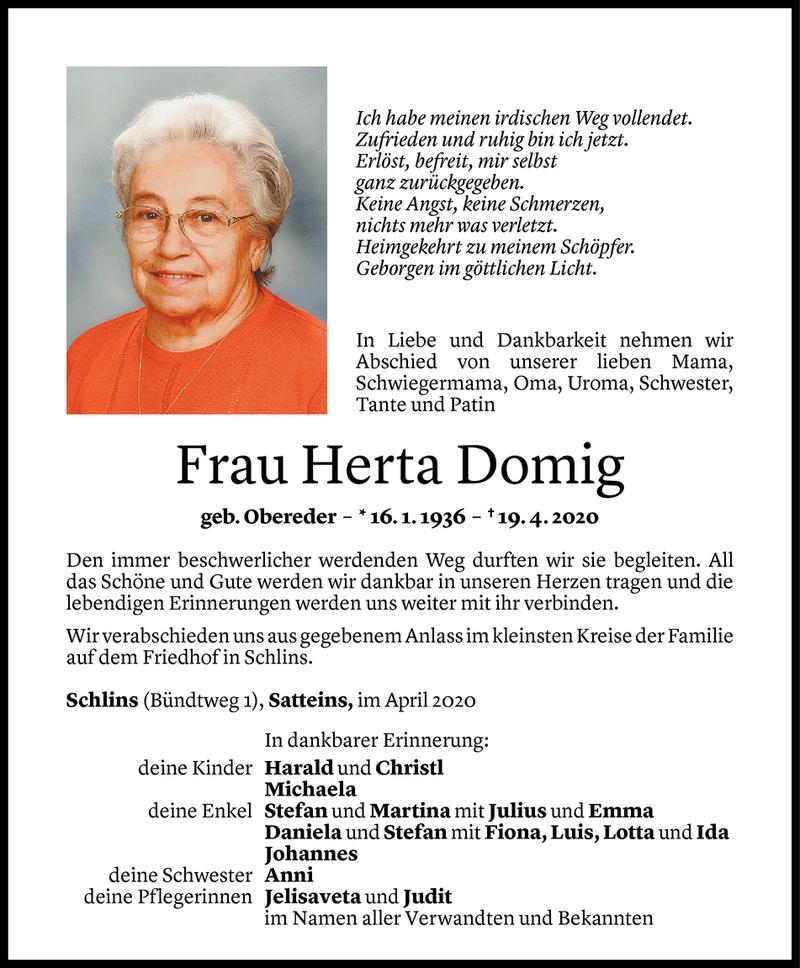  Todesanzeige für Herta Domig vom 22.04.2020 aus Vorarlberger Nachrichten