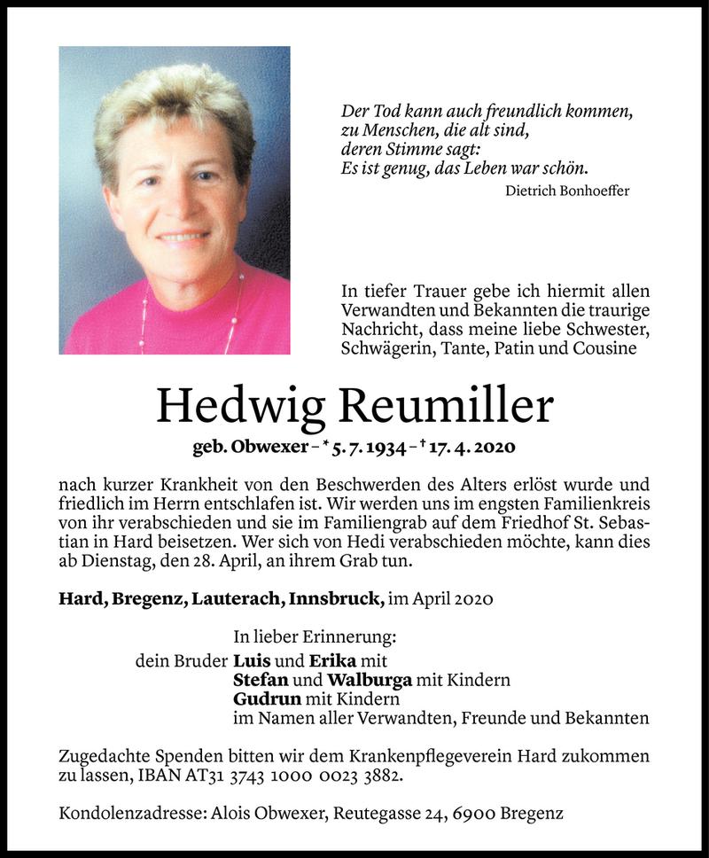  Todesanzeige für Hedwig Reumiller vom 21.04.2020 aus Vorarlberger Nachrichten