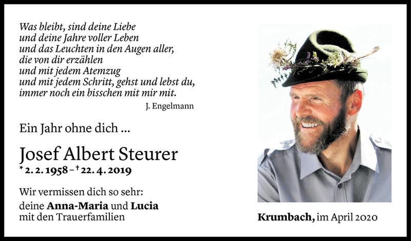  Todesanzeige für Josef Albert Steurer vom 21.04.2020 aus Vorarlberger Nachrichten