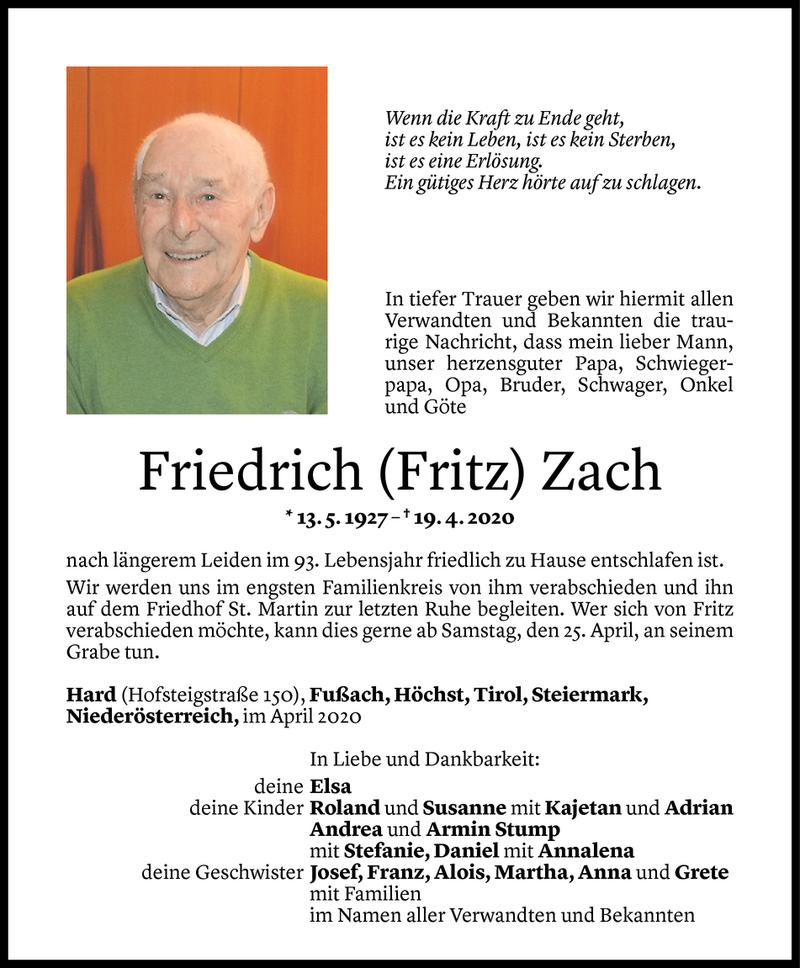 Todesanzeige für Friedrich Zach vom 21.04.2020 aus Vorarlberger Nachrichten