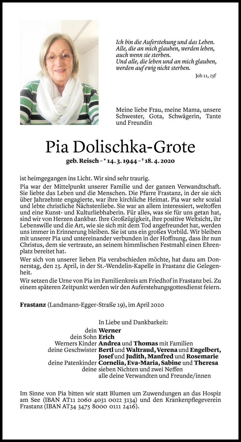  Todesanzeige für Pia Dolischka-Grote vom 21.04.2020 aus Vorarlberger Nachrichten