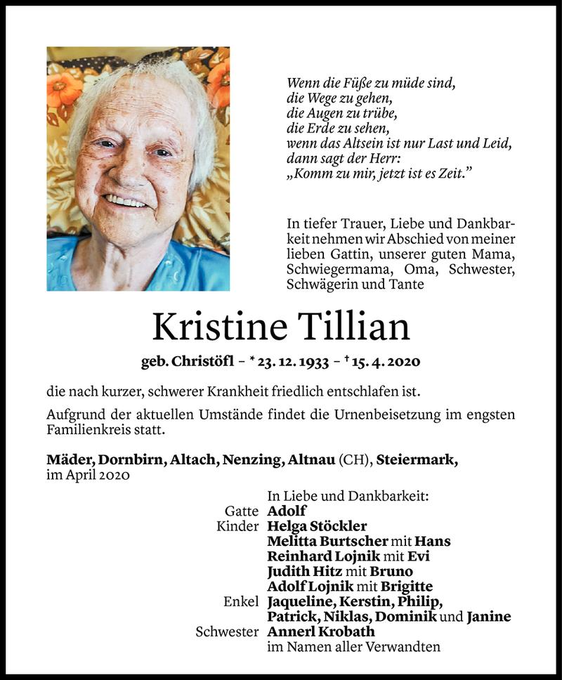  Todesanzeige für Kristine Tillian vom 22.04.2020 aus Vorarlberger Nachrichten