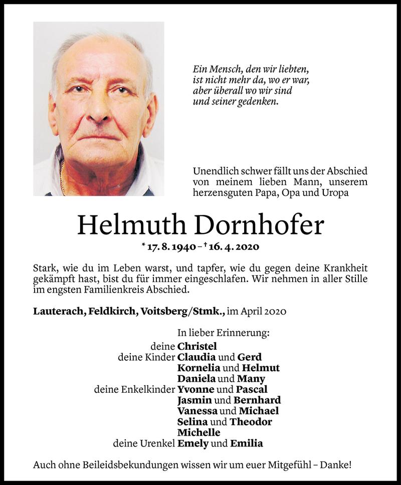  Todesanzeige für Helmuth Dornhofer vom 23.04.2020 aus Vorarlberger Nachrichten