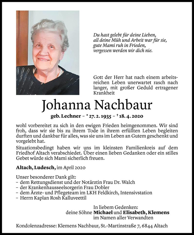  Todesanzeige für Johanna Nachbaur vom 25.04.2020 aus Vorarlberger Nachrichten