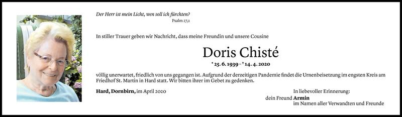  Todesanzeige für Doris Chisté vom 24.04.2020 aus Vorarlberger Nachrichten