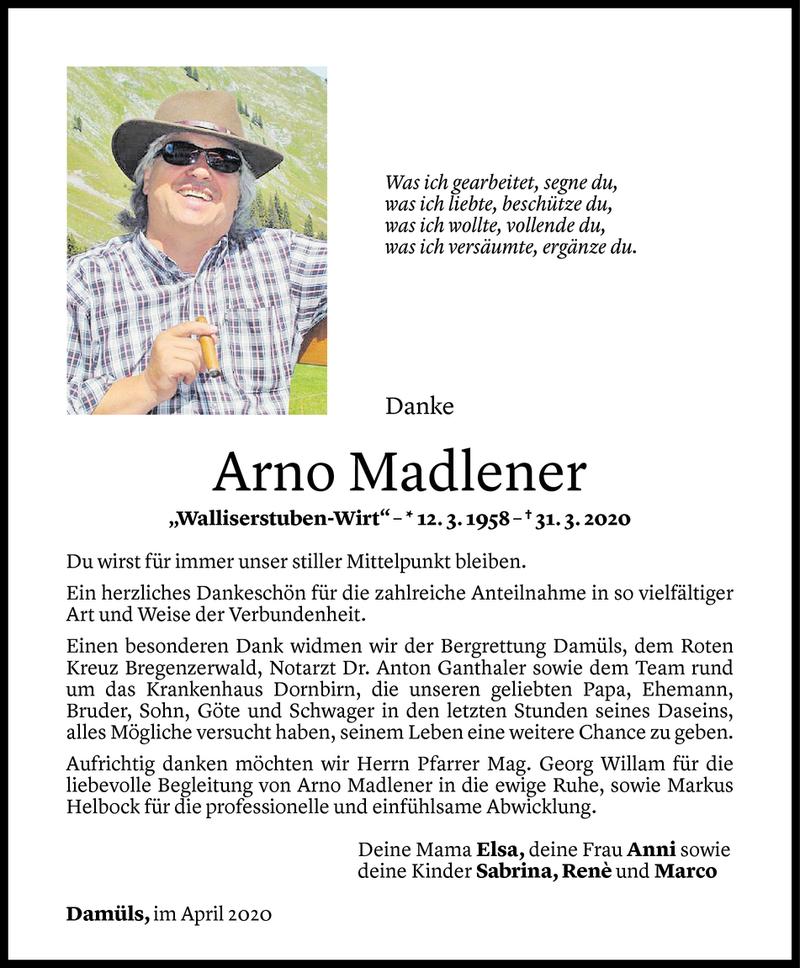  Todesanzeige für Arno Madlener vom 23.04.2020 aus Vorarlberger Nachrichten