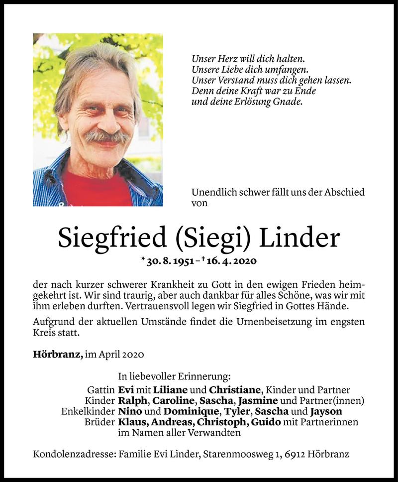  Todesanzeige für Siegfried Linder vom 24.04.2020 aus Vorarlberger Nachrichten
