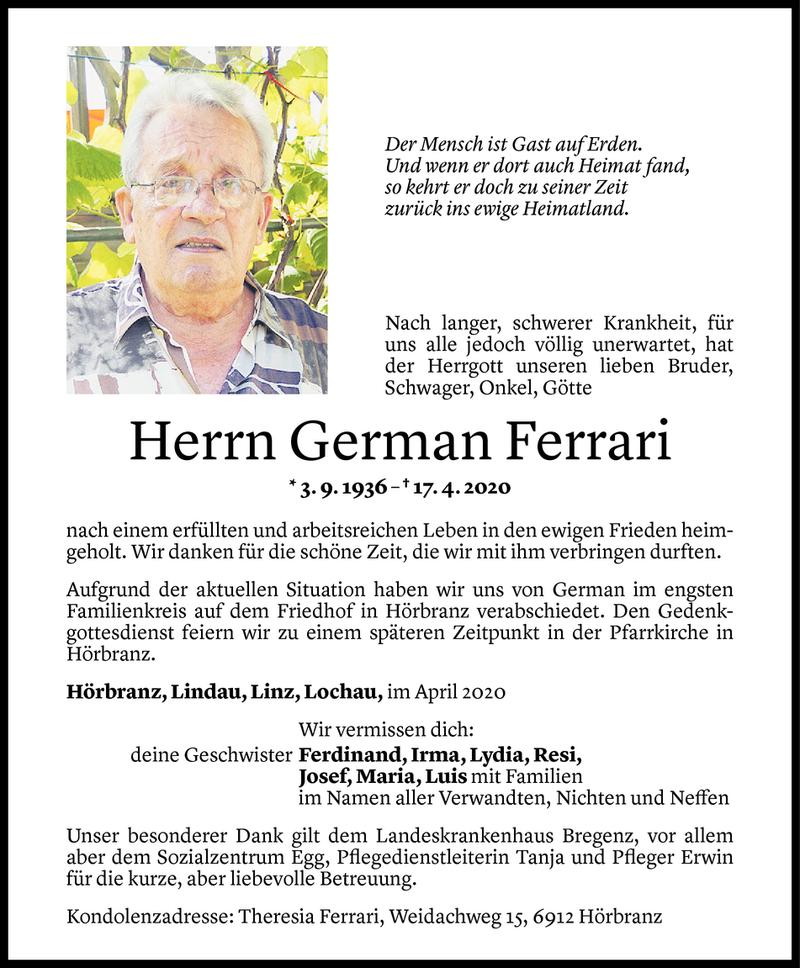  Todesanzeige für German Ferrari vom 24.04.2020 aus Vorarlberger Nachrichten