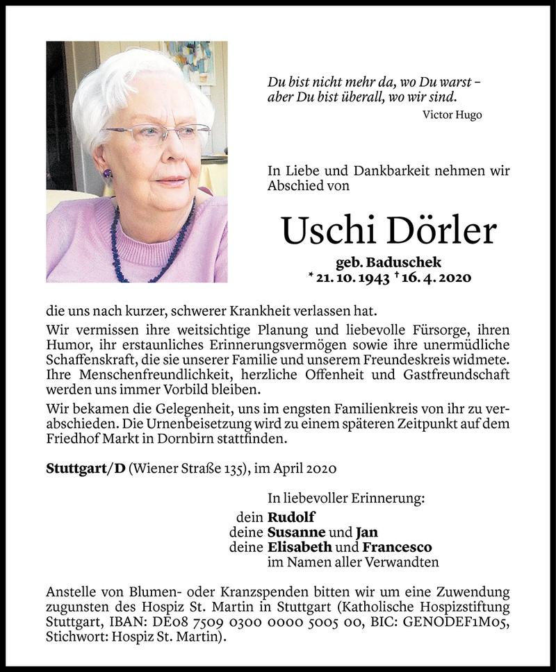  Todesanzeige für Uschi Dörler vom 24.04.2020 aus Vorarlberger Nachrichten