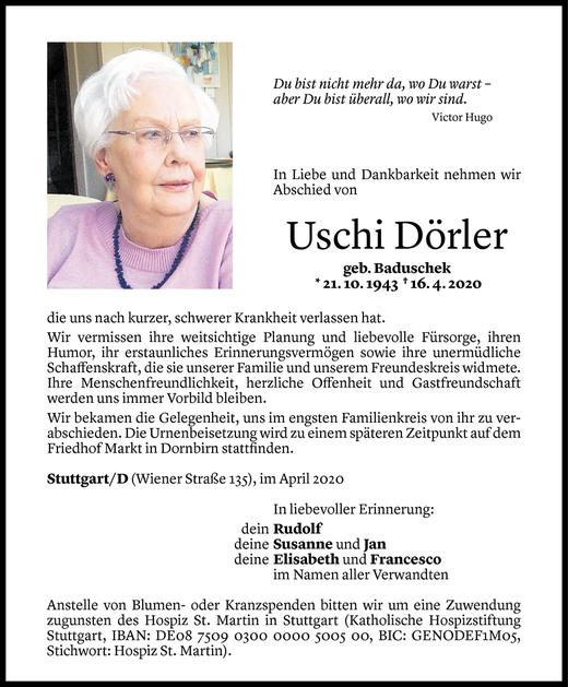 Todesanzeige von Uschi Dörler von Vorarlberger Nachrichten
