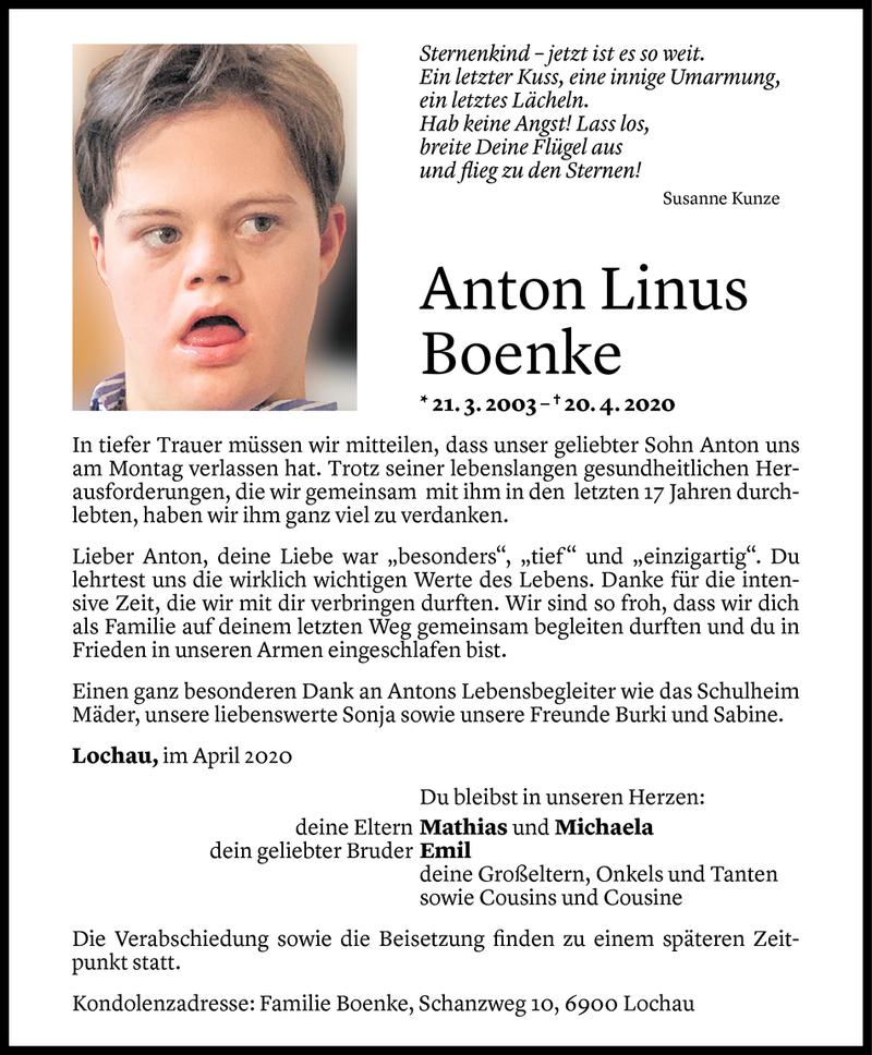  Todesanzeige für Anton Linus Boenke vom 24.04.2020 aus Vorarlberger Nachrichten