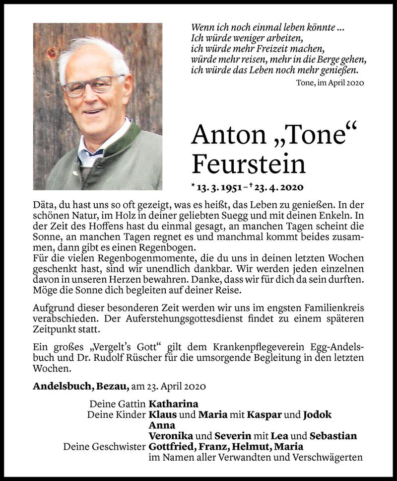  Todesanzeige für Anton Feurstein vom 24.04.2020 aus Vorarlberger Nachrichten
