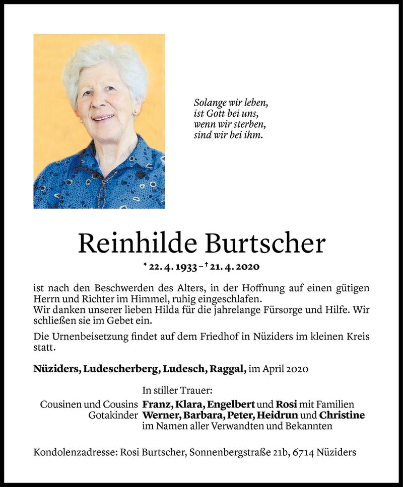  Todesanzeige für Reinhilde Burtscher vom 26.04.2020 aus Vorarlberger Nachrichten