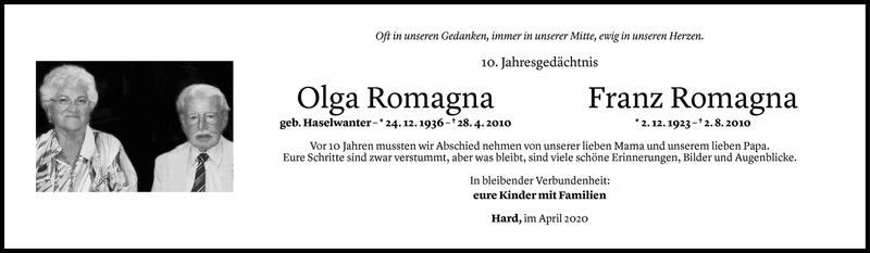  Todesanzeige für Olga und Franz Romagna vom 28.04.2020 aus Vorarlberger Nachrichten