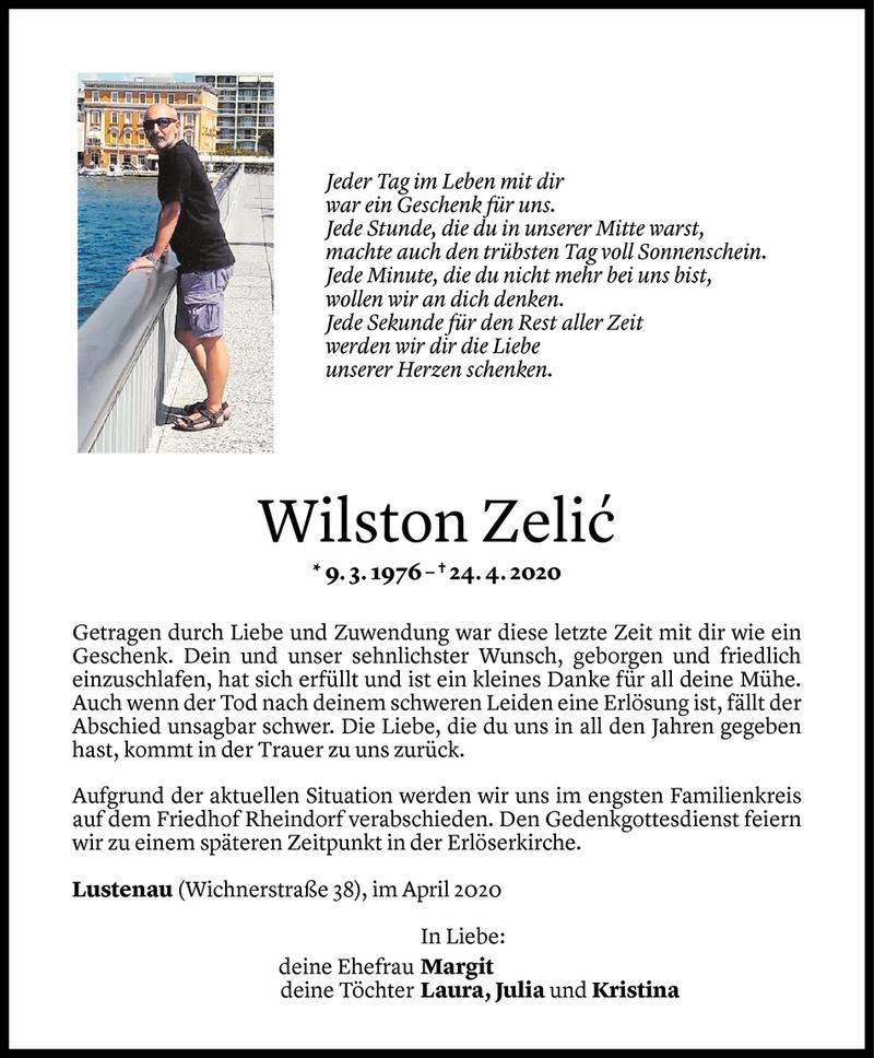  Todesanzeige für Wilston Zelic vom 28.04.2020 aus Vorarlberger Nachrichten