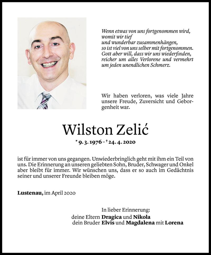  Todesanzeige für Wilston Zelic vom 27.04.2020 aus Vorarlberger Nachrichten