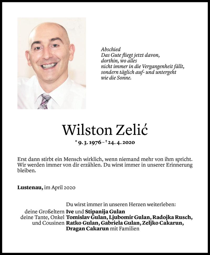  Todesanzeige für Wilston Zelic vom 28.04.2020 aus Vorarlberger Nachrichten