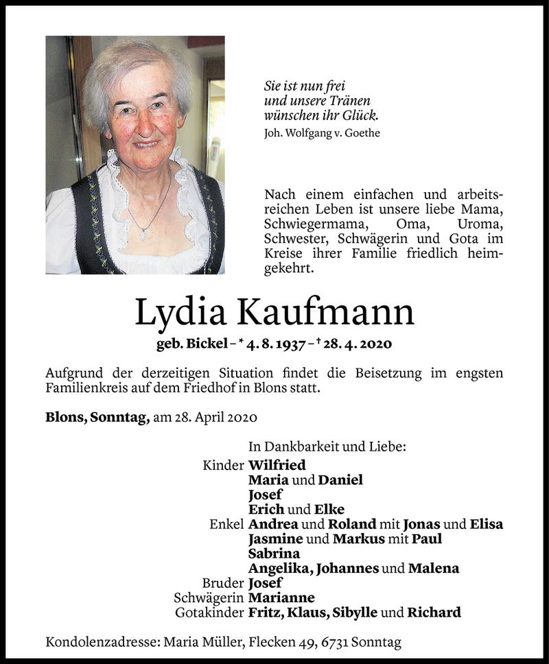  Todesanzeige für Lydia Kaufmann vom 29.04.2020 aus Vorarlberger Nachrichten