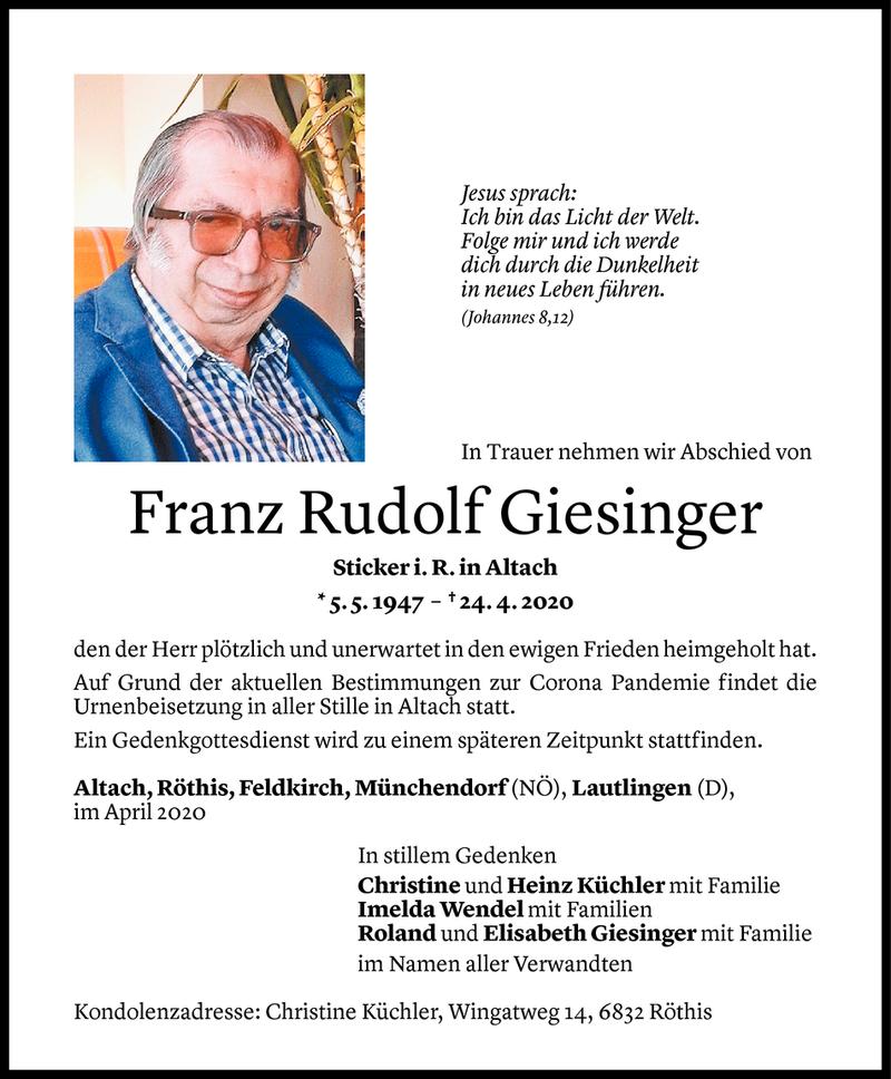  Todesanzeige für Franz Rudolf Giesinger vom 30.04.2020 aus Vorarlberger Nachrichten