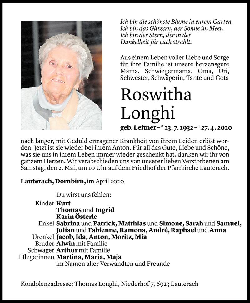  Todesanzeige für Roswitha Longhi vom 30.04.2020 aus Vorarlberger Nachrichten