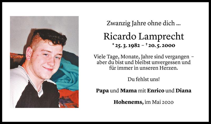  Todesanzeige für Ricardo Lamprecht vom 16.05.2020 aus Vorarlberger Nachrichten