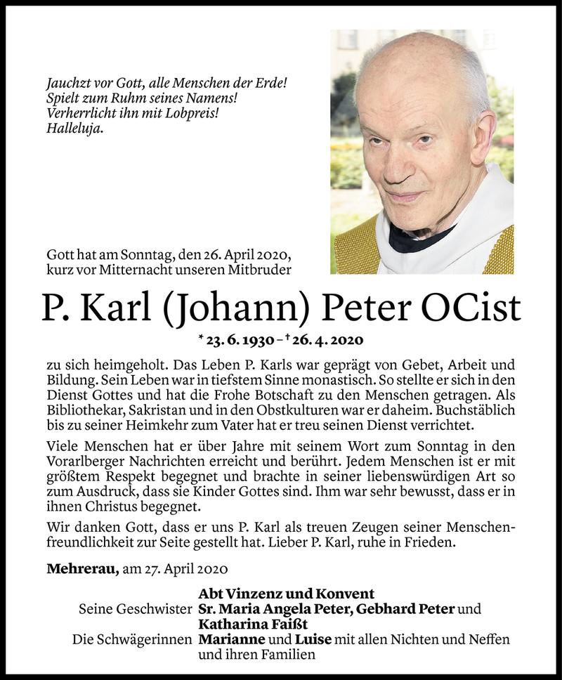  Todesanzeige für P. Karl Peter OCist vom 30.04.2020 aus Vorarlberger Nachrichten