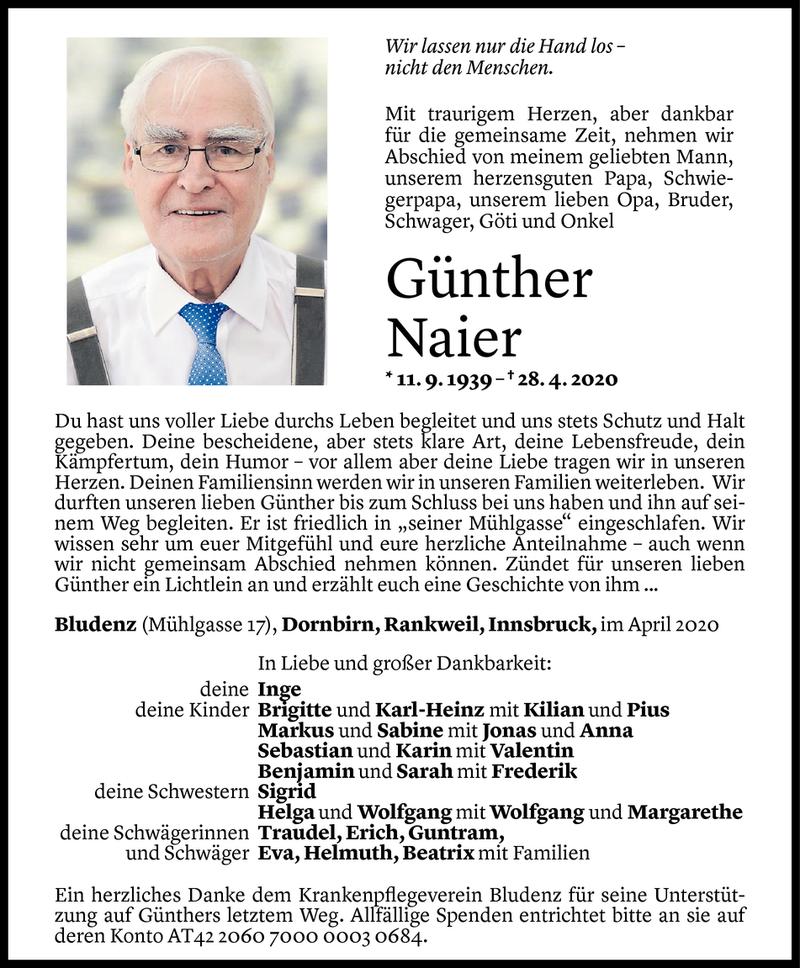  Todesanzeige für Günther Naier vom 02.05.2020 aus Vorarlberger Nachrichten