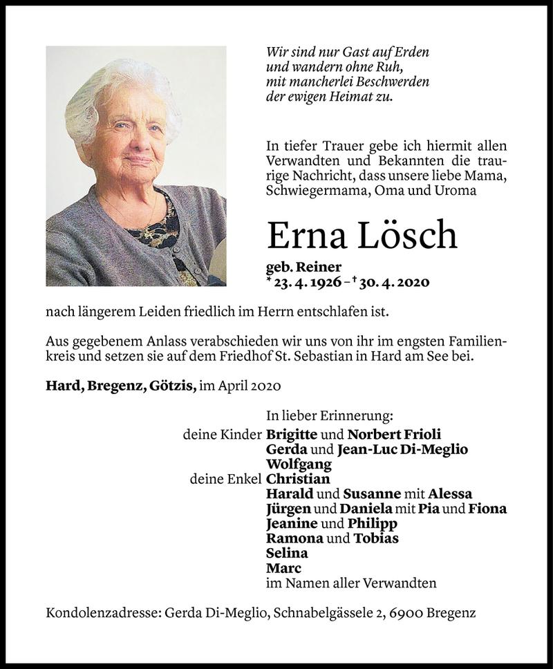  Todesanzeige für Erna Lösch vom 02.05.2020 aus Vorarlberger Nachrichten
