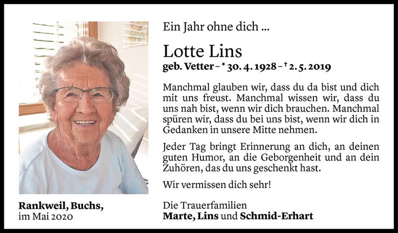  Todesanzeige für Lotte Lins vom 01.05.2020 aus Vorarlberger Nachrichten