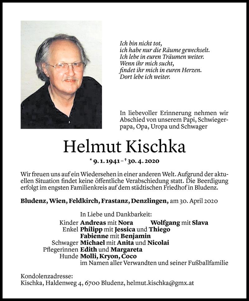  Todesanzeige für Helmut Kischka vom 02.05.2020 aus Vorarlberger Nachrichten