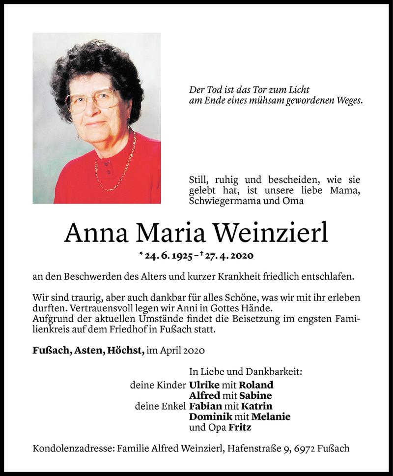  Todesanzeige für Anna Maria Weinzierl vom 02.05.2020 aus Vorarlberger Nachrichten