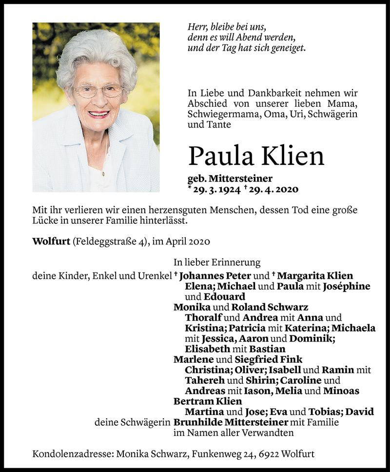  Todesanzeige für Paula Klien vom 02.05.2020 aus Vorarlberger Nachrichten