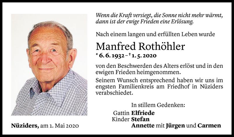  Todesanzeige für Manfred Rothöhler vom 07.05.2020 aus Vorarlberger Nachrichten