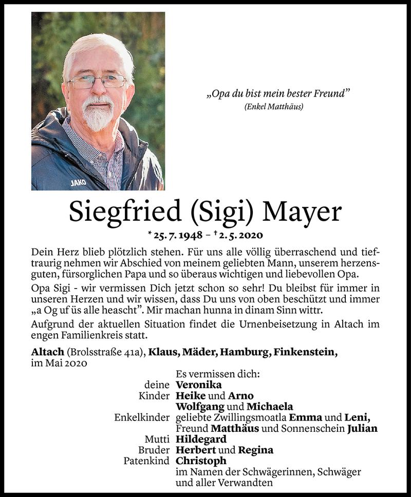  Todesanzeige für Siegfried Mayer vom 05.05.2020 aus Vorarlberger Nachrichten