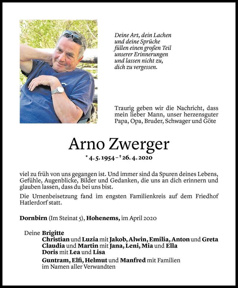  Todesanzeige für Arno Zwerger vom 06.05.2020 aus Vorarlberger Nachrichten