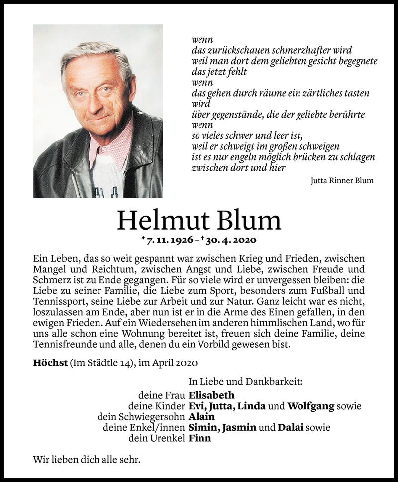  Todesanzeige für Helmut Blum vom 06.05.2020 aus Vorarlberger Nachrichten