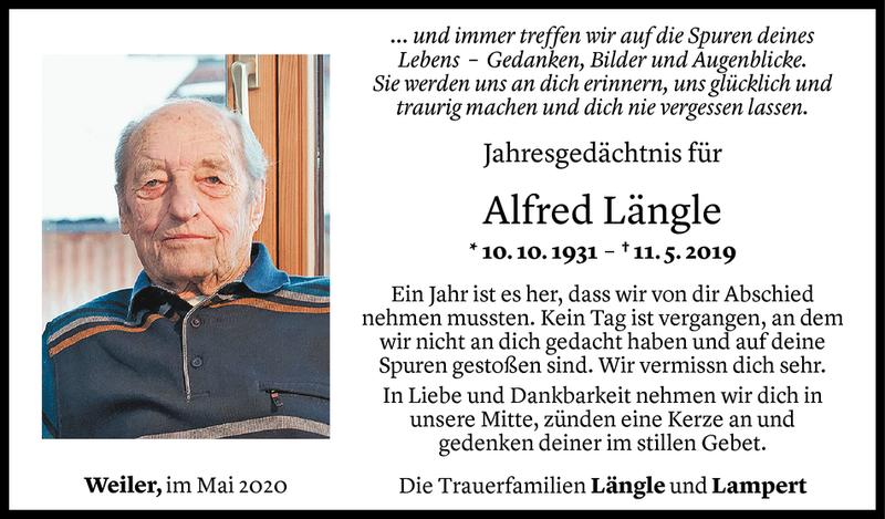  Todesanzeige für Alfred Längle vom 09.05.2020 aus Vorarlberger Nachrichten