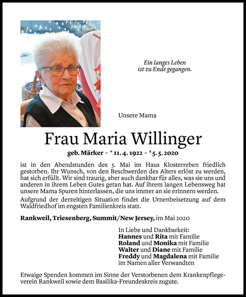  Todesanzeige für Maria Willinger vom 07.05.2020 aus Vorarlberger Nachrichten