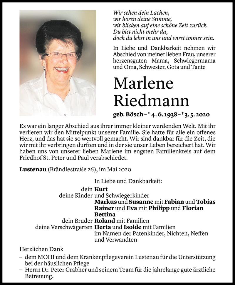  Todesanzeige für Marlene Riedmann vom 09.05.2020 aus Vorarlberger Nachrichten