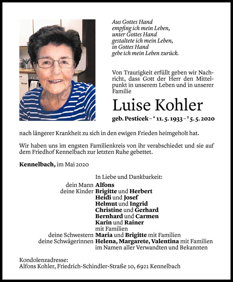  Todesanzeige für Luise Kohler vom 09.05.2020 aus Vorarlberger Nachrichten