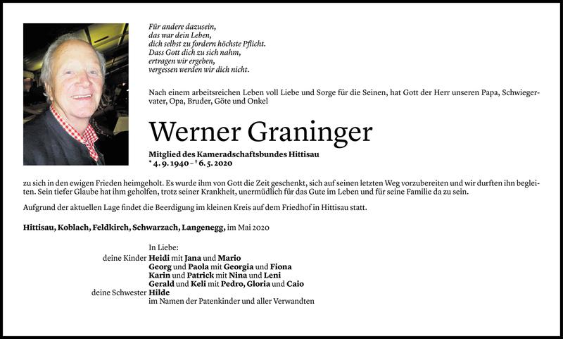  Todesanzeige für Werner Graninger vom 08.05.2020 aus Vorarlberger Nachrichten