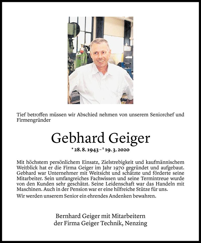  Todesanzeige für Gebhard Geiger vom 09.05.2020 aus Vorarlberger Nachrichten