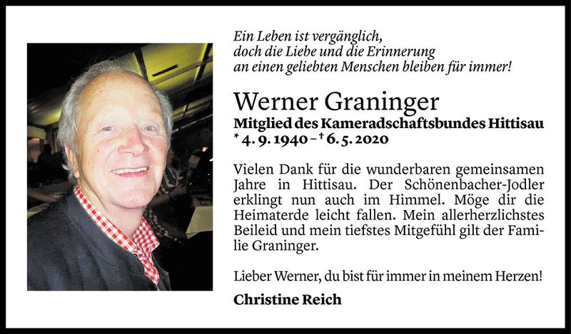  Todesanzeige für Werner Graninger vom 08.05.2020 aus Vorarlberger Nachrichten