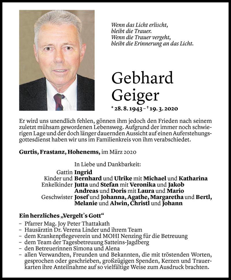  Todesanzeige für Gebhard Geiger vom 09.05.2020 aus Vorarlberger Nachrichten